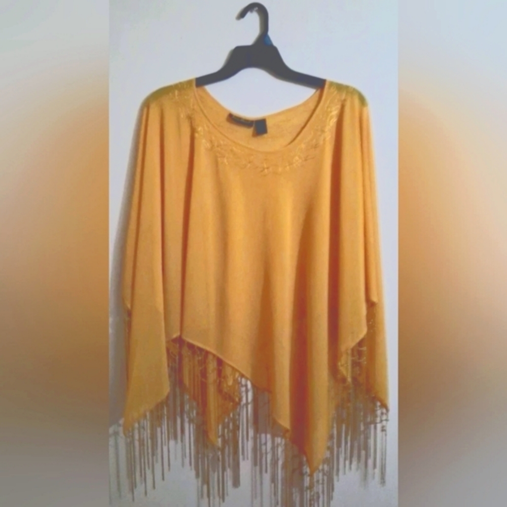 Ashley Stewart Mustard Colored Embroidered Ponco W/ Tassels Sz1x For Women.
